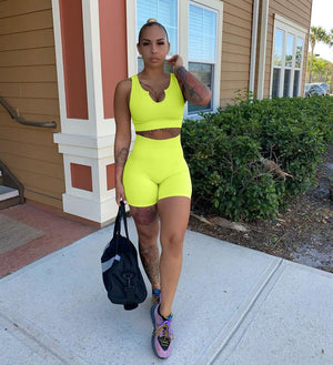 Workout Set for Women 2 Piece Sexy Ribbed Yoga Sports Bra High Waist Running Biker Shorts Lightgreen