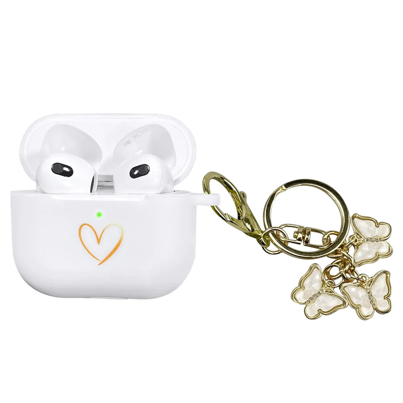 AIIEKZ AirPods 3 Case – White, Gold Heart + Butterfly Keychain